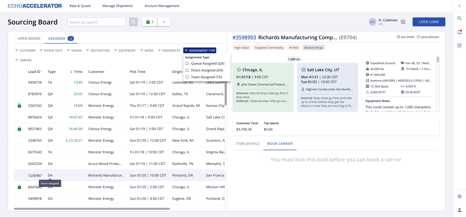 EchoAccelerator Sourcing Board showing a carrier rep's assigned loads with assignment states