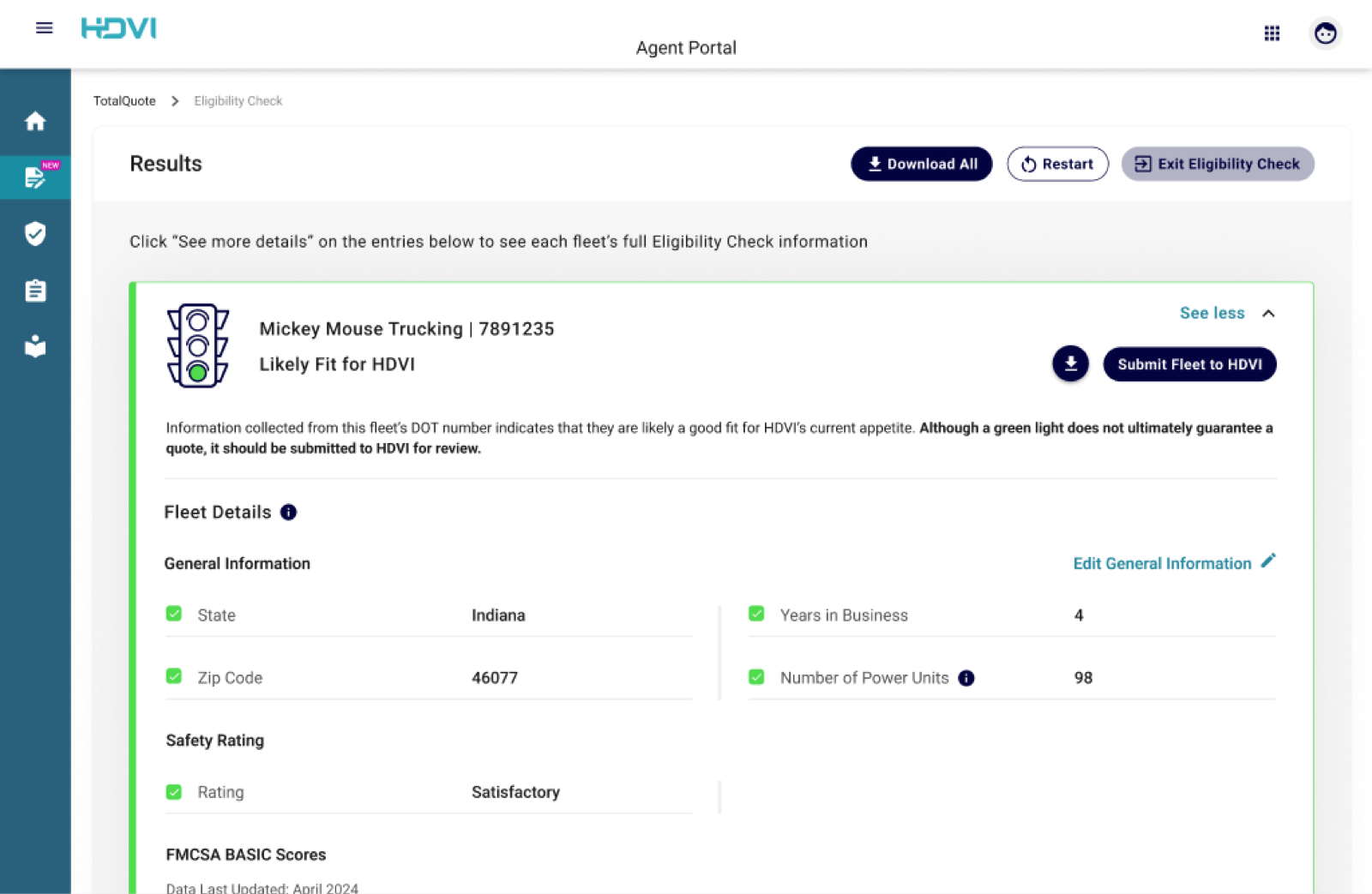 HDVI Agent Portal eligibility check results showing a fleet marked a likely fit